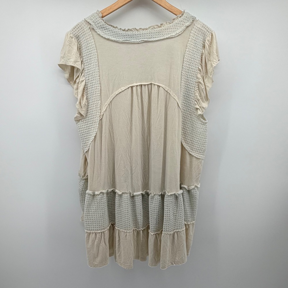 POL Tunic Top Womens Medium Beige SMT2076 Mixed Media Waffle Knit Boho Ruffle - Picture 2 of 6